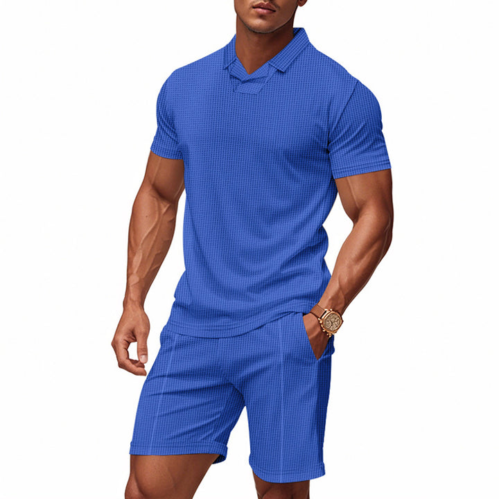 Men's casual waffle structured leisure set with lapel collar short sleeve shirt and elastic leisure shorts Mune Fashion