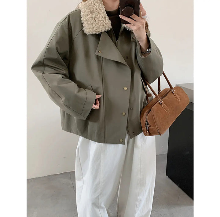 Women Short Oversized Bomber Jacket with Teddy Collar and Snap Button Details Mune Fashion