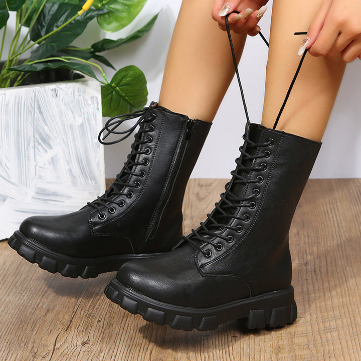 Women’s Platform Biker Boots with Side Zipper, Lacing and Distinctive Profile Sole Mune Fashion