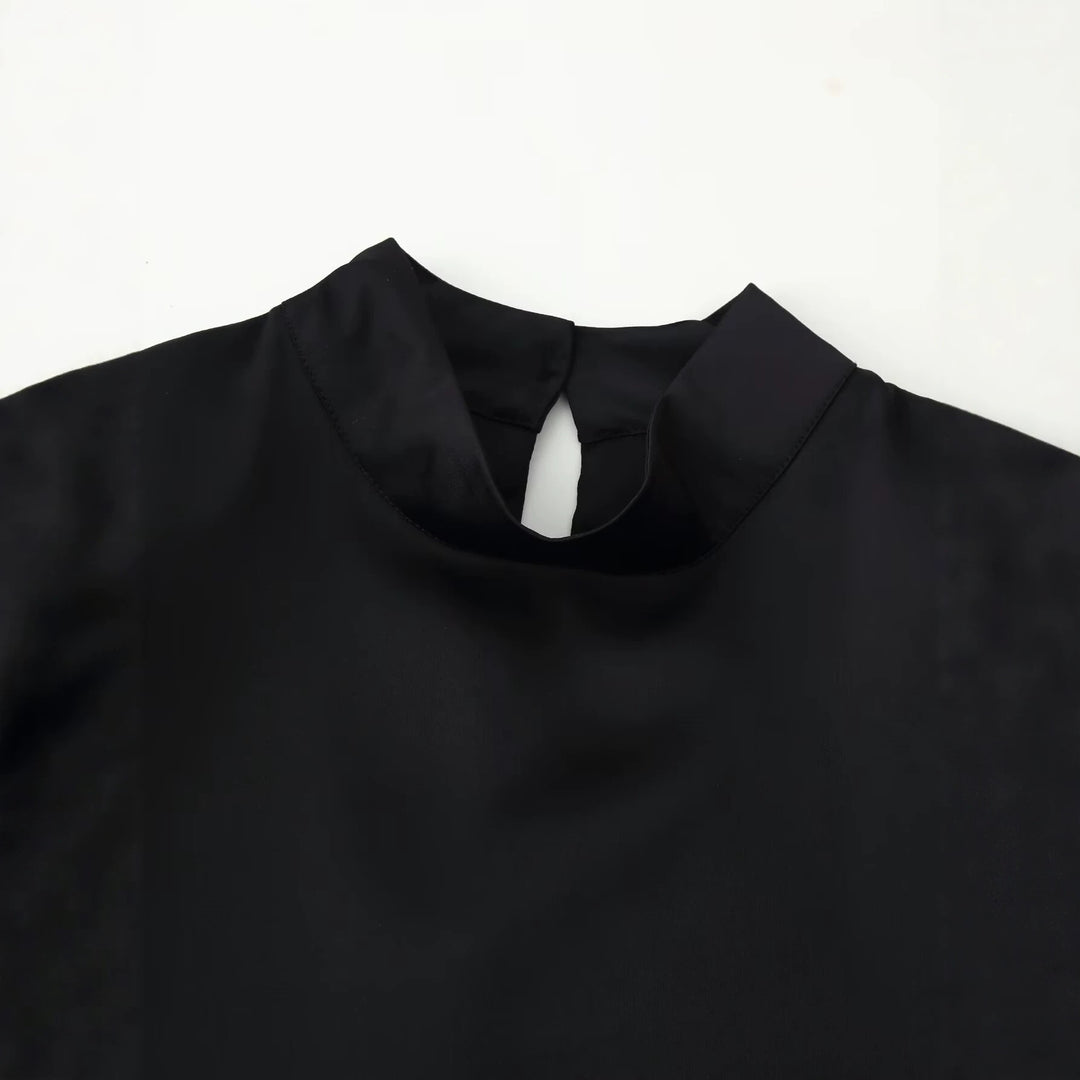 Women's Silky Long Sleeve Blouse with Stand Collar and Lace Trim Mune Fashion