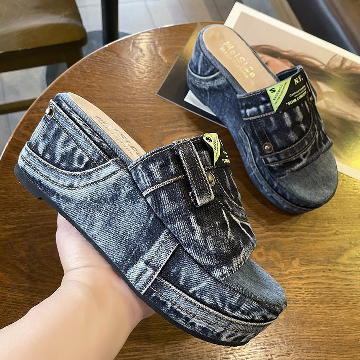 Women's Denim-Look Platform Slide Sandals with Open Toe and Padded Footbed Mune Fashion
