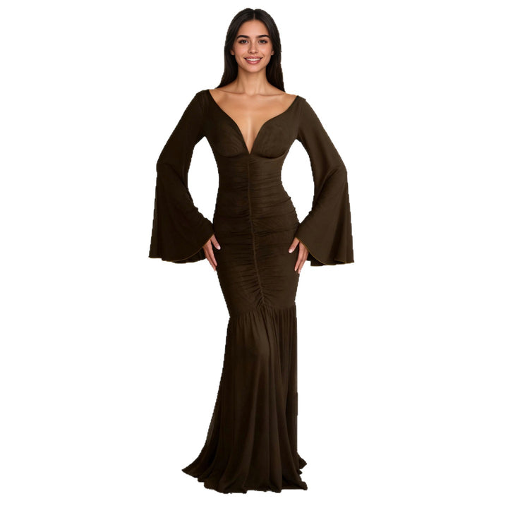 Women’s gathered maxi dress with V-neck, trumpet sleeves, and tiered ruffle Mune Fashion