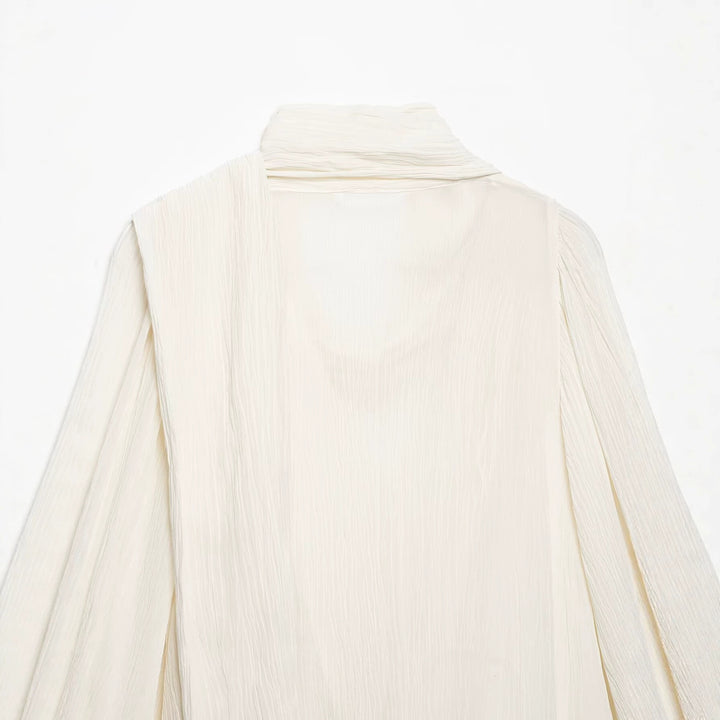 Women Pleated Oversized Blouse with Funnel Neck and Decorative Tied Scarf Mune Fashion