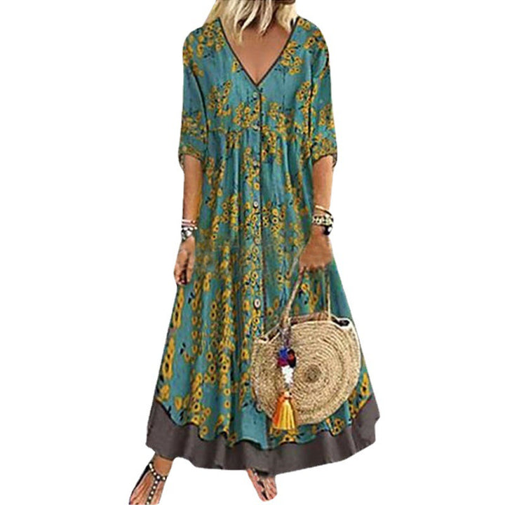 Women’s maxi dress in boho style with V-neck, continuous button placket and tiered skirt Mune Fashion