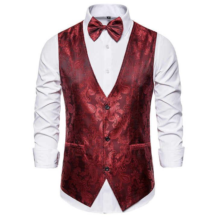 Men's tailored satin vest with ornamental jacquard pattern, V-neck and three buttons Mune Fashion