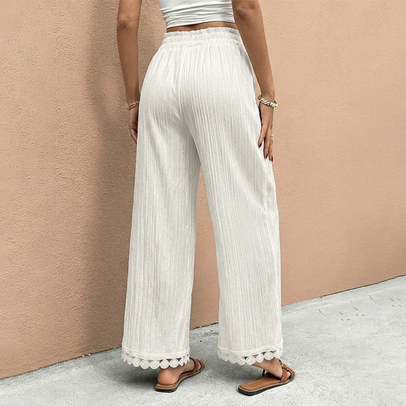 Women Wide Summer Pants with Lace Trim Mune Fashion