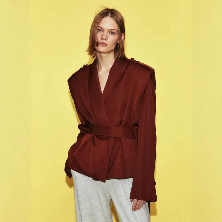 Women Tailored Wrap Blazer with Wide Belt and Decorative Epaulettes Mune Fashion