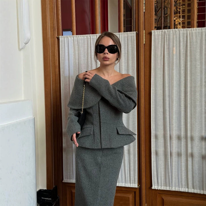 Women Elegant Boucle Set with Off-Shoulder Jacket and Fitted Pencil Skirt Mune Fashion