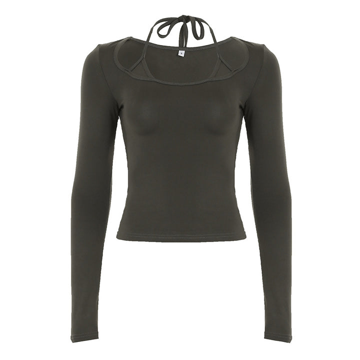 Women's form-fitting long-sleeve top with halter tie and square neckline Mune Fashion
