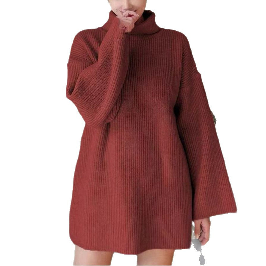Women Oversized Ribbed Turtleneck Knit Dress with Bell Sleeves Mune Fashion