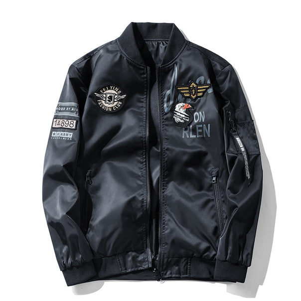 Men's  satin aviator patch bomber jacket with embroidered badges zip sleeve pocket and ribbed trims Mune Fashion