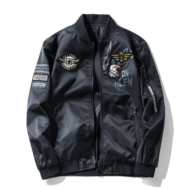 Men's  satin aviator patch bomber jacket with embroidered badges zip sleeve pocket and ribbed trims Mune Fashion