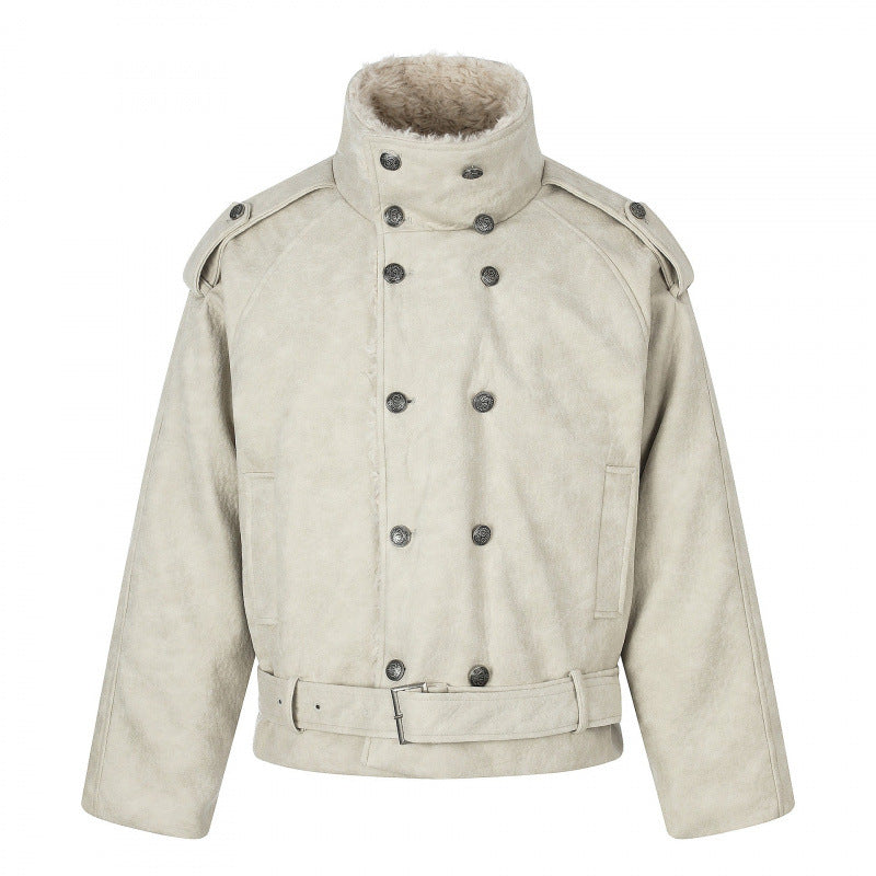 Men's short cut double-breasted aviator jacket with teddy lining, stand-up collar and waist belt Mune Fashion