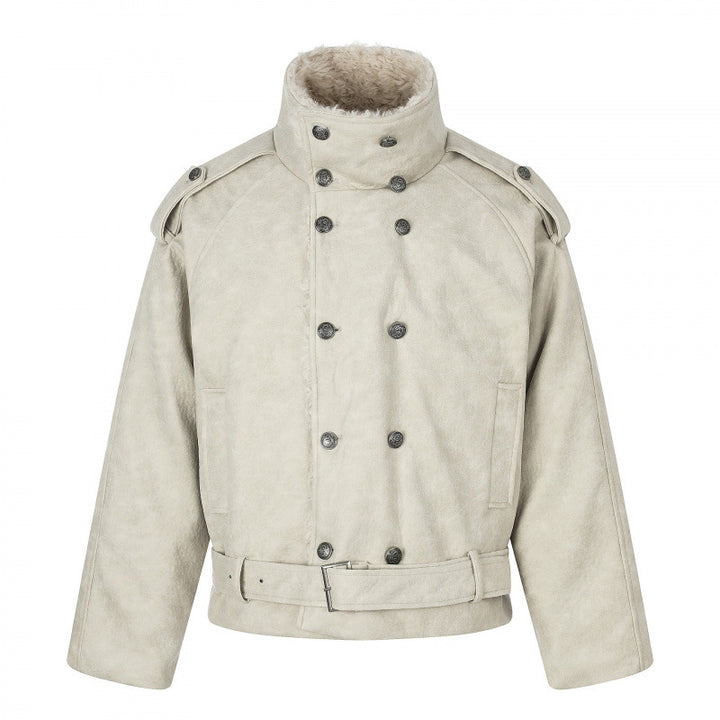 Men's short cut double-breasted aviator jacket with teddy lining, stand-up collar and waist belt Mune Fashion