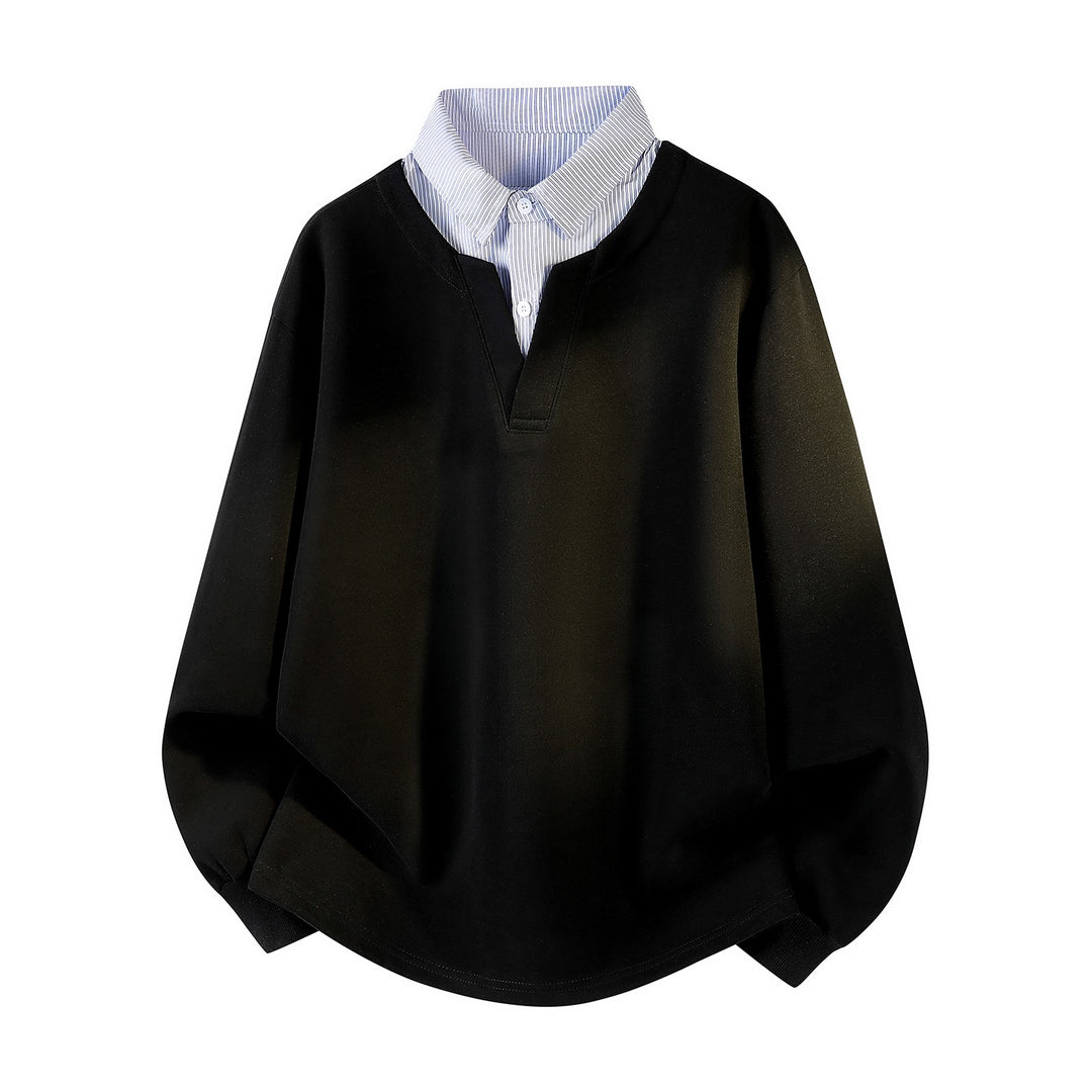 Women's oversized sweatshirt with integrated shirt collar, V-neck and rounded hem Mune Fashion