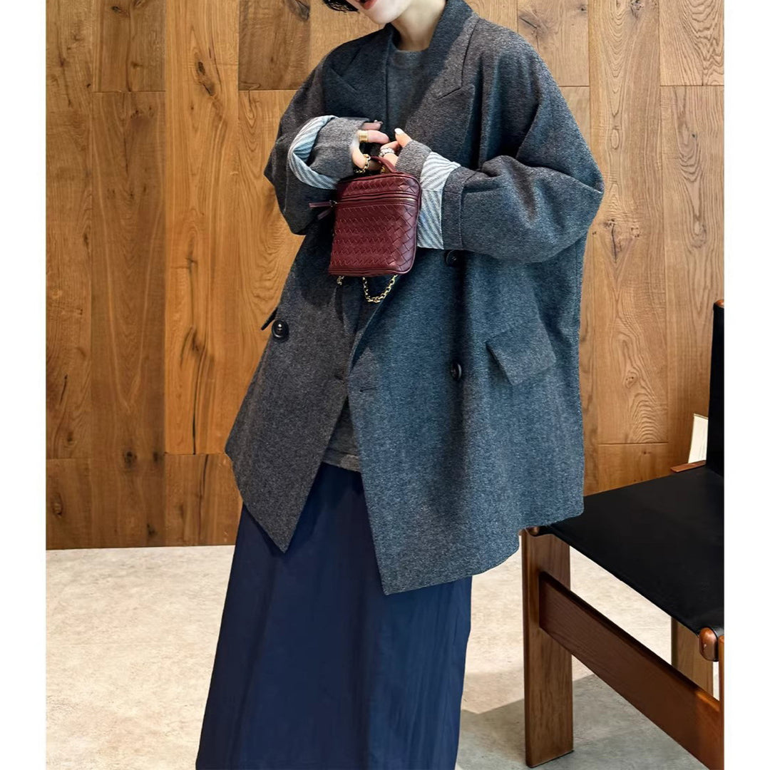 Women Elegant Double-breasted Wool Coat Mune Fashion
