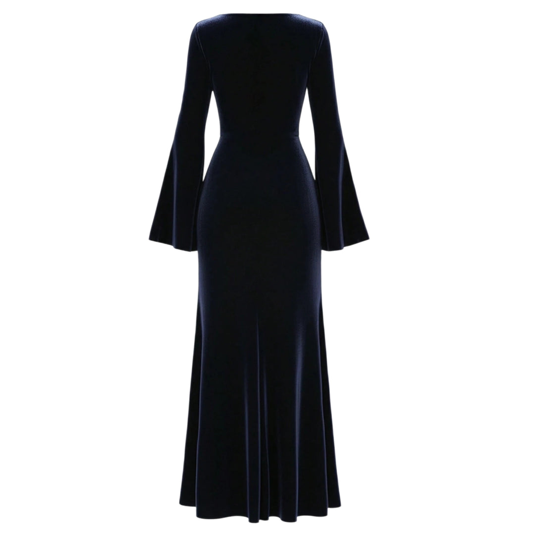 Women's Velvet Evening Dress with Waterfall Neckline, Fitted Silhouette and Flared Trumpet Sleeves Mune Fashion