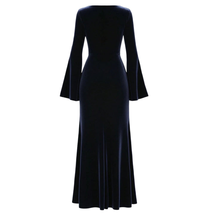 Women's Velvet Evening Dress with Waterfall Neckline, Fitted Silhouette and Flared Trumpet Sleeves Mune Fashion