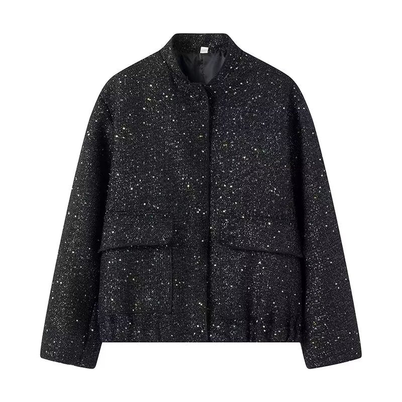 Women's structured bouclé jacket with stand-up collar, patch pockets, and elastic hem Mune Fashion