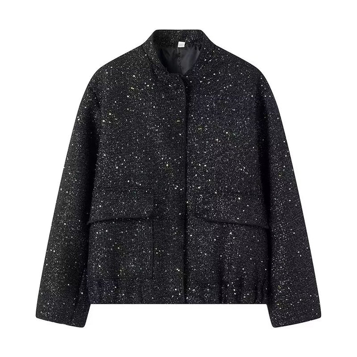 Women's structured bouclé jacket with stand-up collar, patch pockets, and elastic hem Mune Fashion