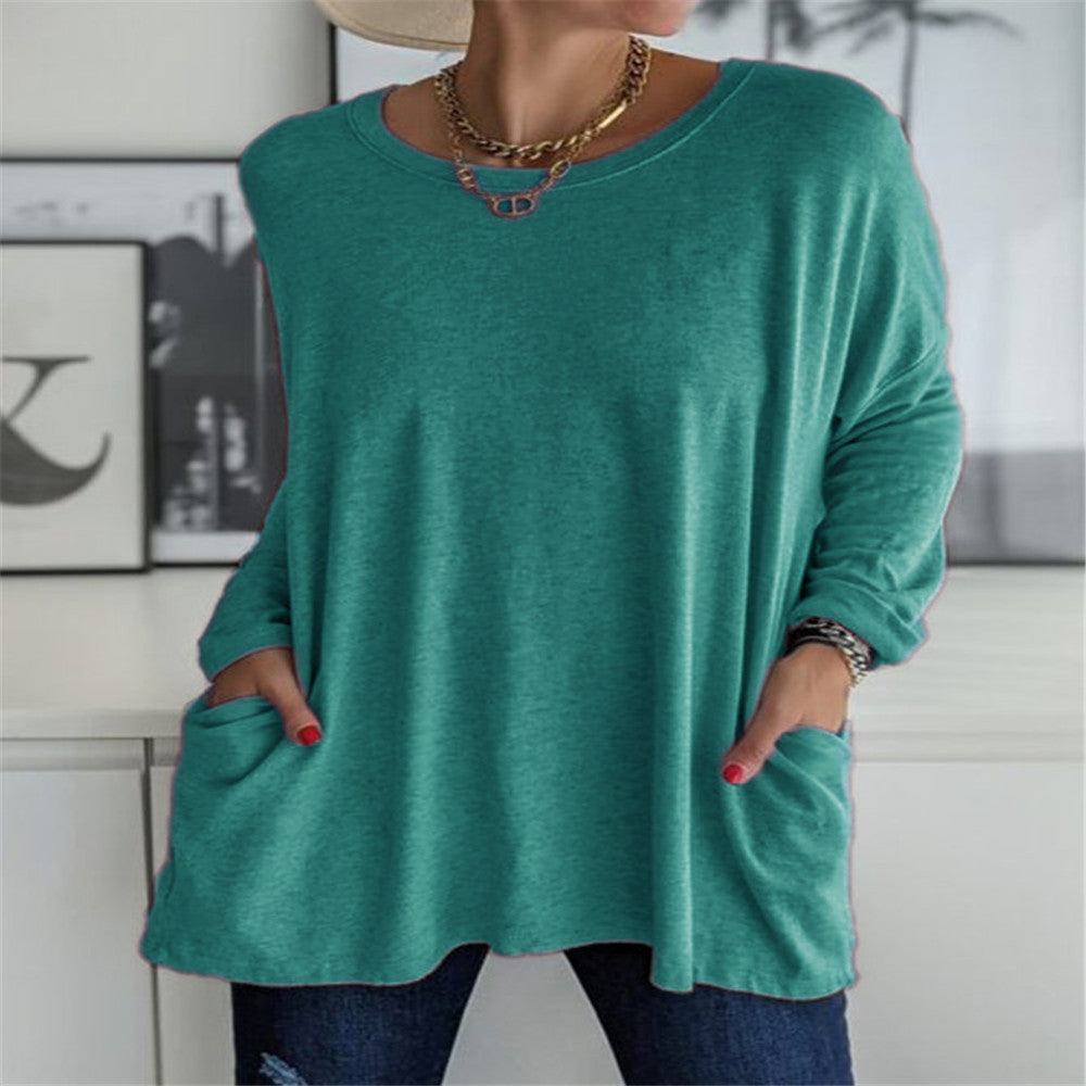 Women's oversized long sleeve tunic with round neckline, drop shoulder and patch pockets Mune Fashion