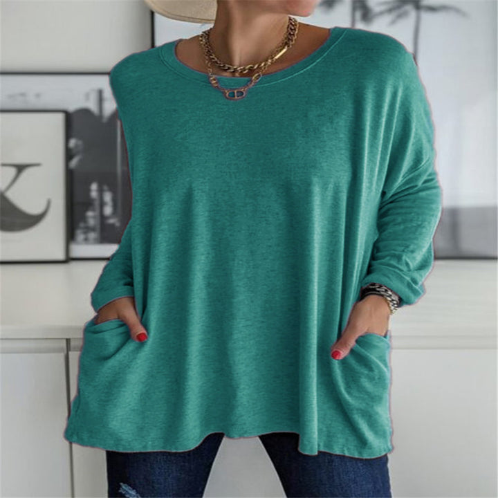 Women's oversized long sleeve tunic with round neckline, drop shoulder and patch pockets Mune Fashion