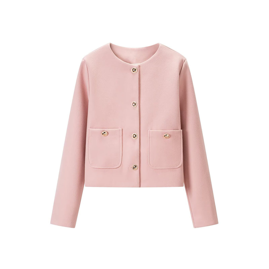 Women's short jacket made of wool blend with round neckline, patch pockets and gold decorative buttons Mune Fashion