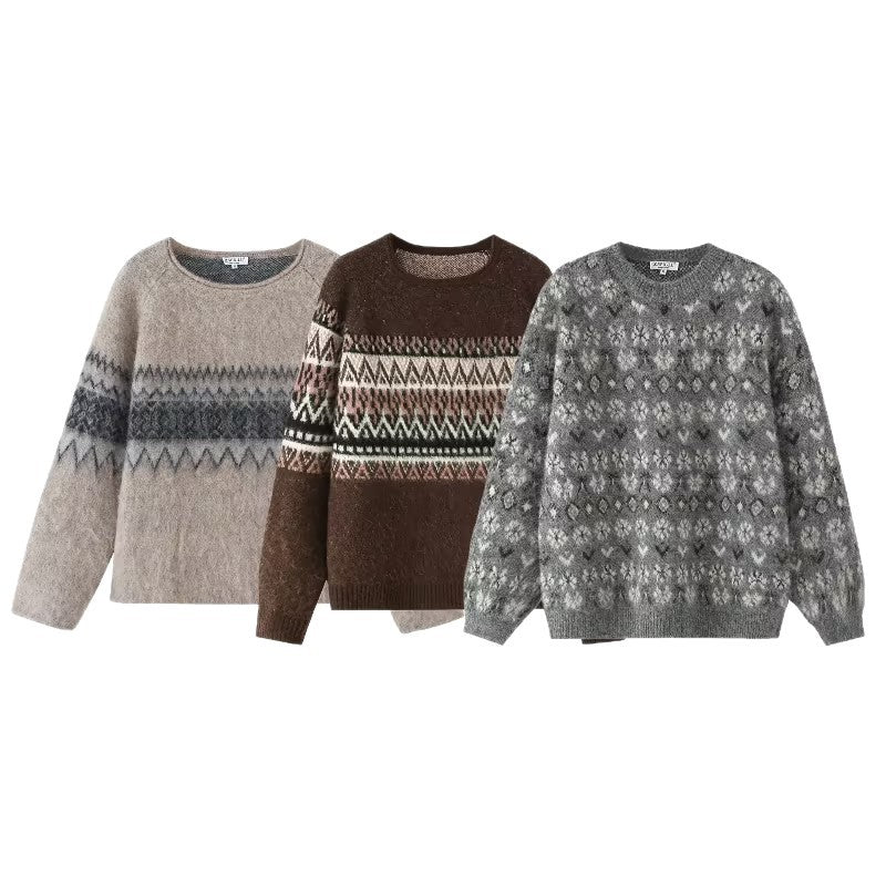 Women Oversize Mohair-Mix Sweater with Round Neck and Fair Isle Pattern Mune Fashion