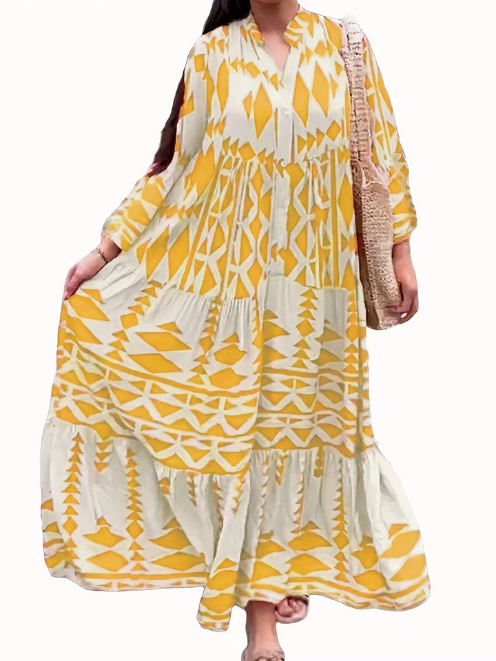 Women's Loose Maxi Dress in Boho Style with Graphic Print, V-Neck and Button Placket Mune Fashion