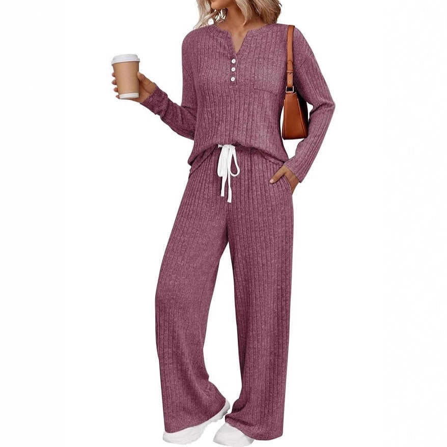 Women Ribbed Knit Lounge Set with Button Placket and Wide Drawstring Pants Mune Fashion