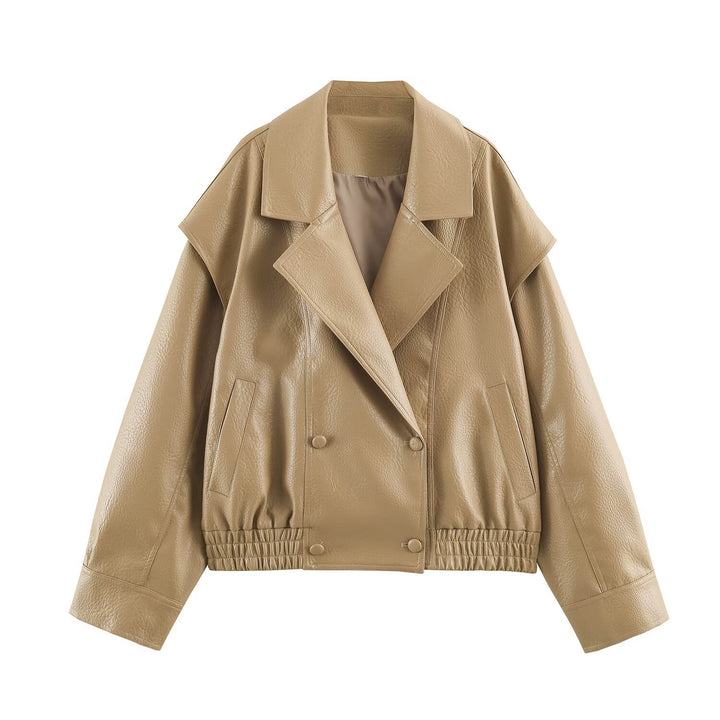 Ladies Oversized Faux Leather Jacket with Double Breasted, Wide Lapels and Elastic Hem Mune Fashion