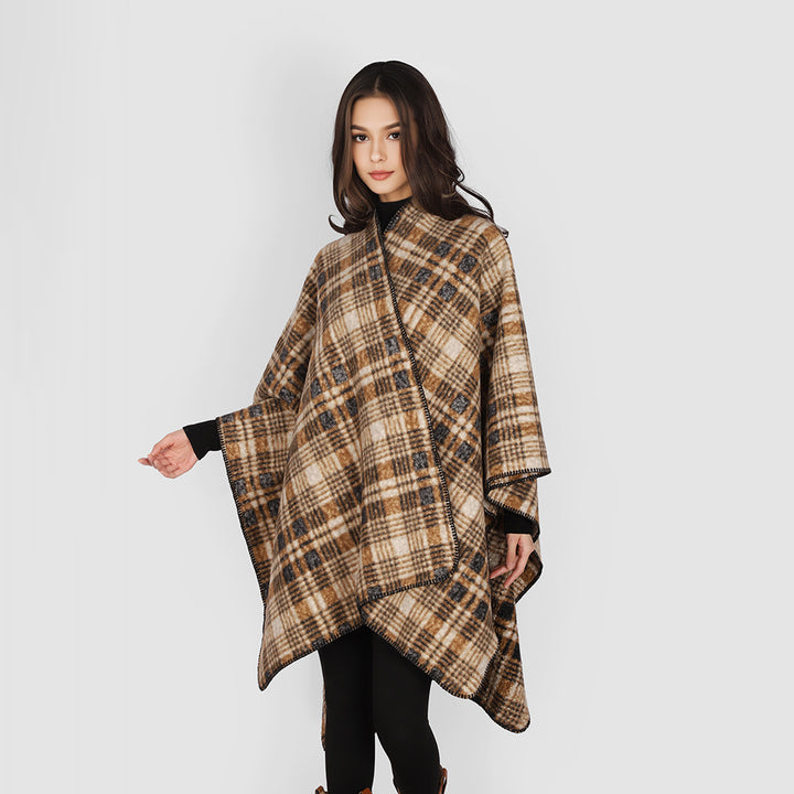 Women Oversize Wool Blend Cape Poncho in Rectangular Cut with Check Pattern and Decorative Overlock Edge Mune Fashion