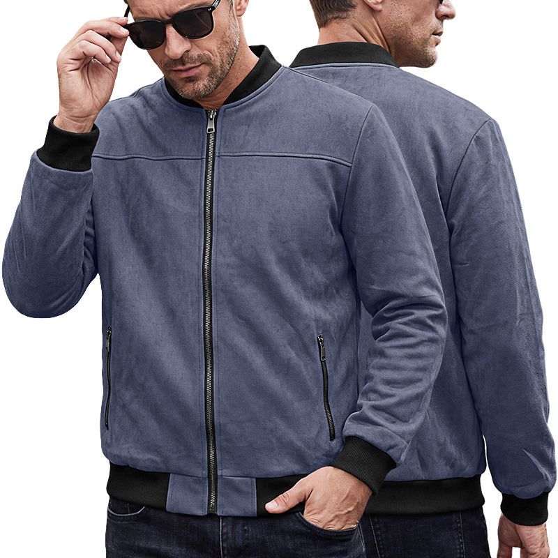 Men's Suede Look Bomber Jacket with Ribbed Cuffs and Zipper Pockets Mune Fashion