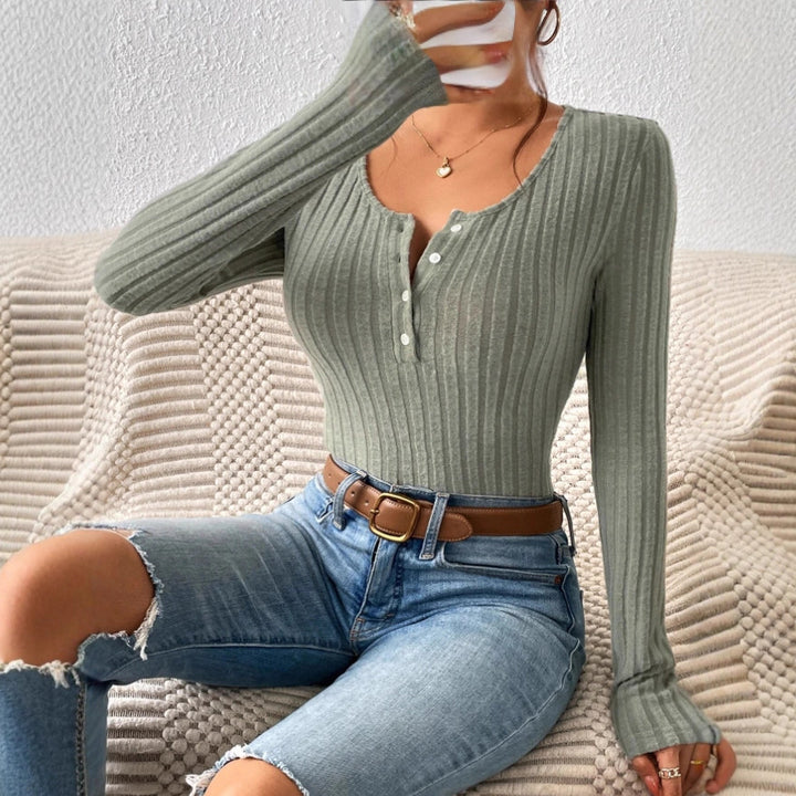 Women Ribbed Fine Knit Bodysuit with Henley Button Placket and Tailored Fit Drune