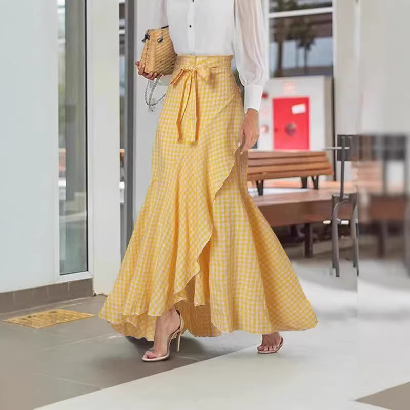 Women nan wrap maxi skirt with Vichy check, high waist tie and asymmetrical flounce hem Mune Fashion