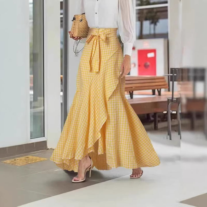 Women nan wrap maxi skirt with Vichy check, high waist tie and asymmetrical flounce hem Mune Fashion