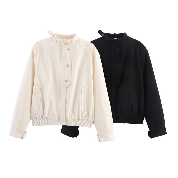 Women's nan minimalist bomber blouse with stand-up collar flap, concealed button placket and elastic waistband Mune Fashion