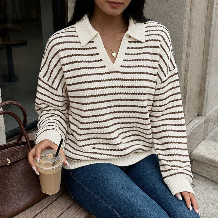 Women's Striped Waffle Knit Sweater with Shirt Collar and V-Neck Mune Fashion