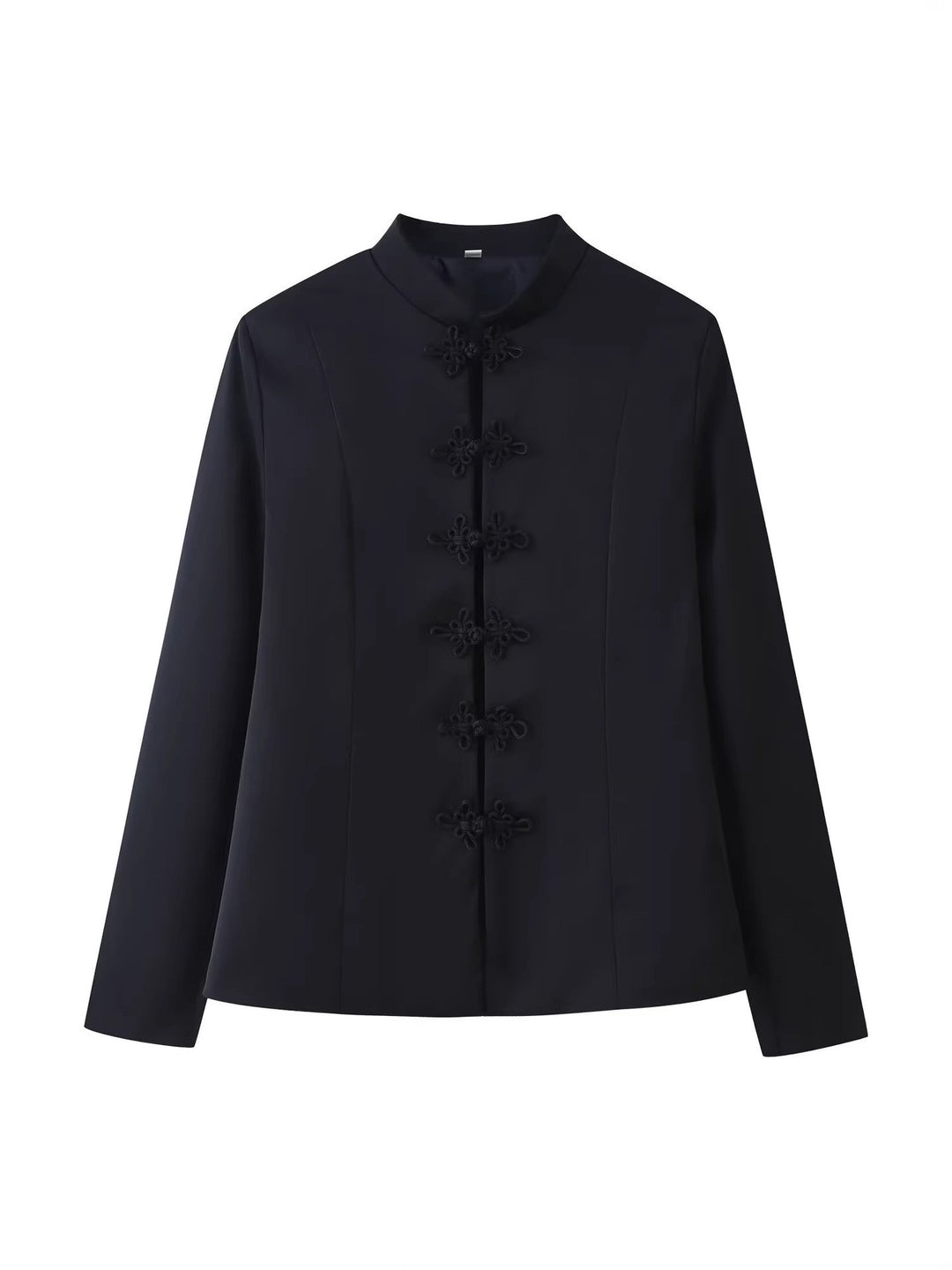 Women's Tailored Short Jacket in Mandarin Style with Decorative Knots Mune Fashion