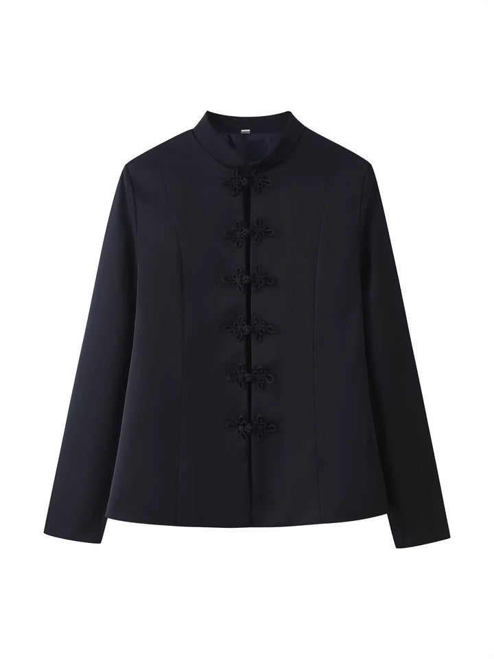 Women's Tailored Short Jacket in Mandarin Style with Decorative Knots Mune Fashion