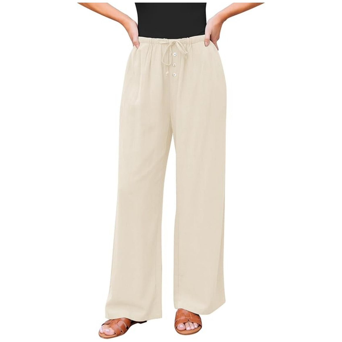 Women Linen-Look Pants with Wide Leg, Elastic Waist, Drawstring and Button Detail Mune Fashion