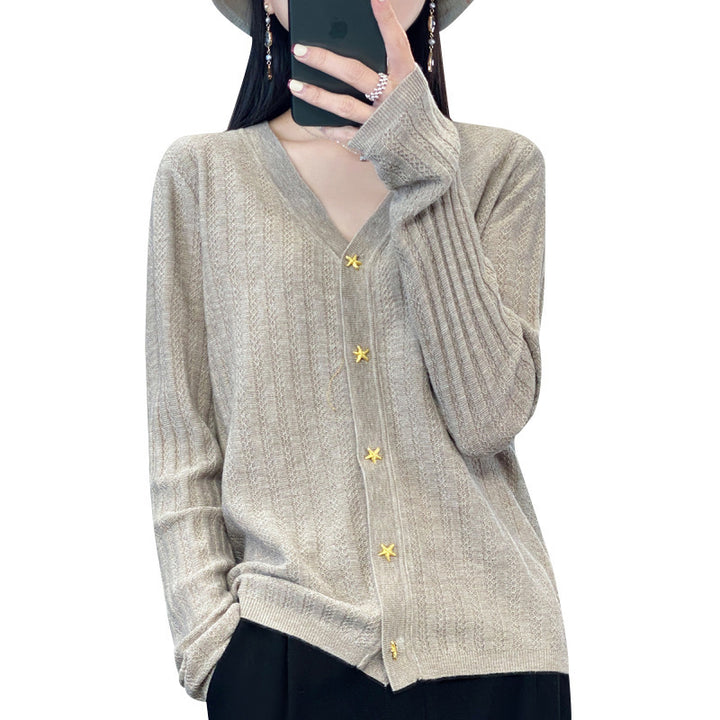 Women Lightweight V-Neck Cardigan with Textured Vertical Stripes and Star Buttons Mune Fashion