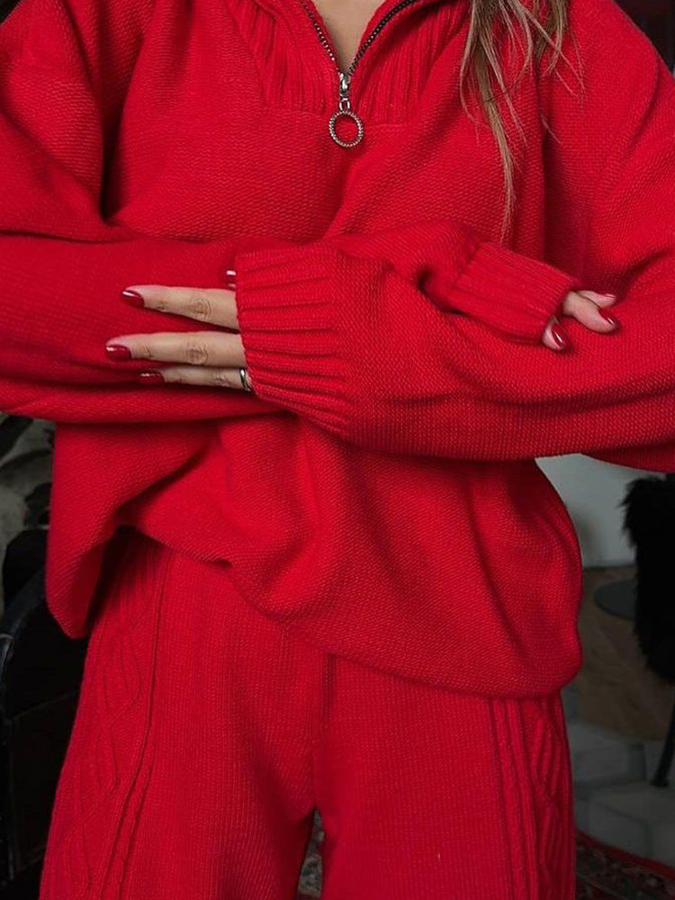 Women’s Knit Loungewear Set with Half Zipper, Stand-Up Collar and Cable Knit Pants Mune Fashion
