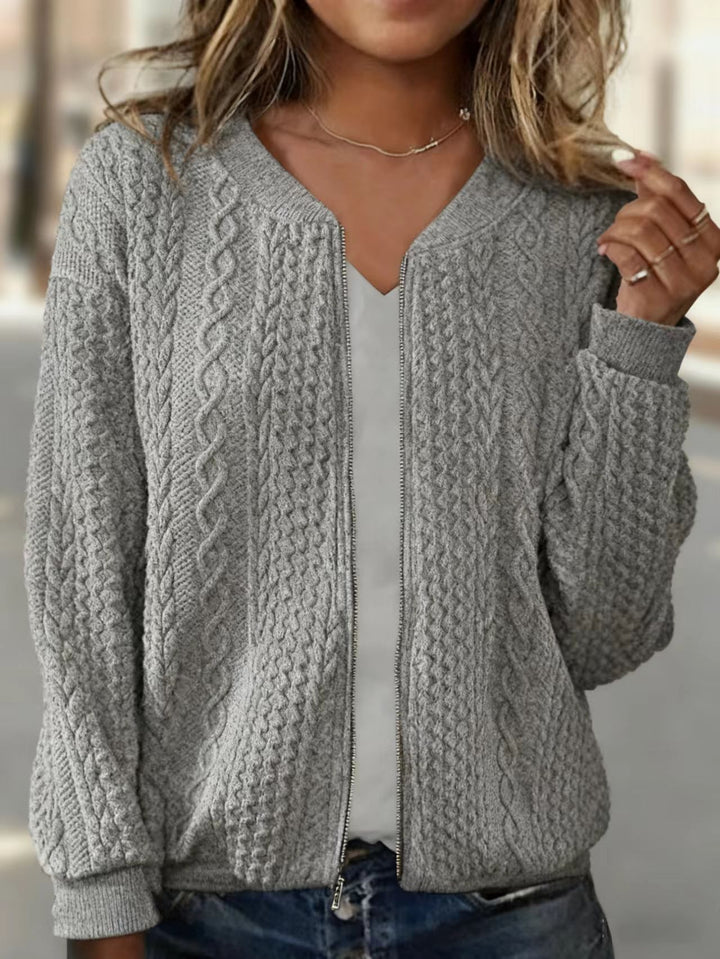 Women's knitted bomber jacket with zipper and cable pattern Drune