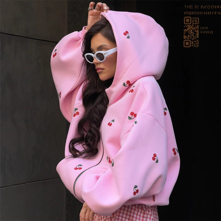 Women's playful hooded zip pullover with cherry print and oversized fit Mune Fashion