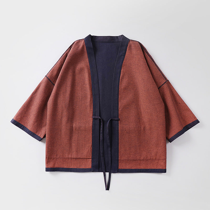 Unisex loose-fitting kimono jacket made of cotton denim with tie and large patch pockets Mune Fashion