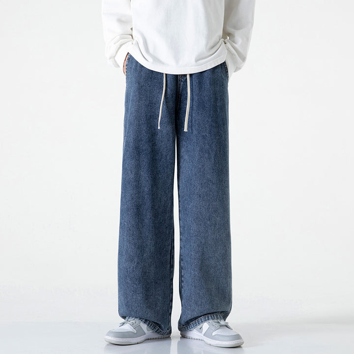 Men's Wide-Leg Denim Baggy Pants with Drawstring Waistband and Straight Hem Mune Fashion