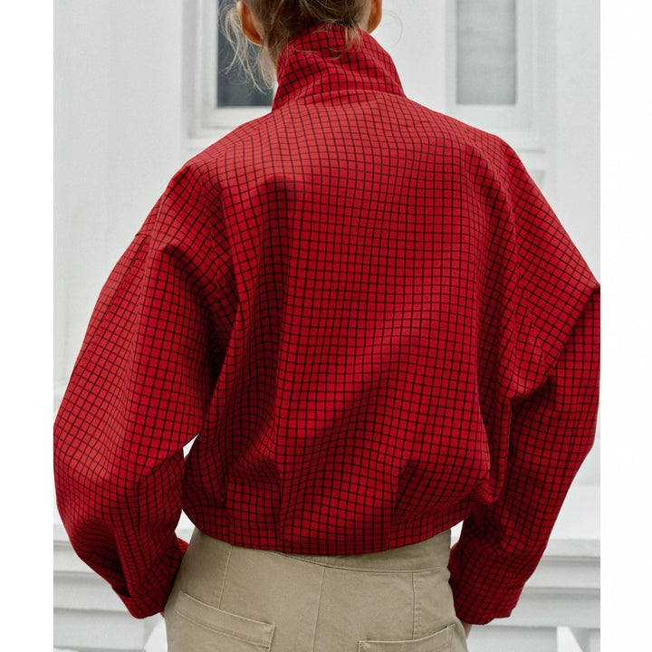 Women's short-cut boxy blouson with stand-up collar, check pattern and zipper Mune Fashion