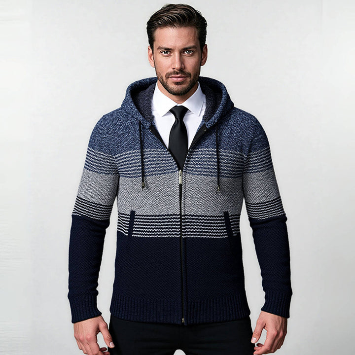 Men's hooded knit zip jacket with gradient block stripe pattern and thermal structure Mune Fashion