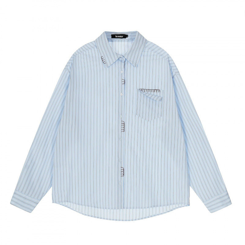 Men's Loose Oversized Shirt with Pinstripes, Chest Pocket and Contrast Stitches Mune Fashion